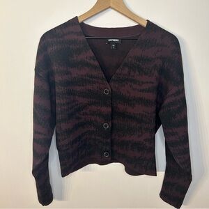 Express Purple and Black Print V Neck Cardigan Sweater, Size Medium